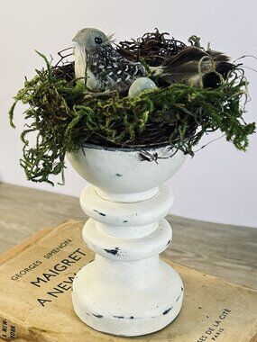 Rustic Bird Nest Pedestal Mos Decor French Cottage Style Accent Shelf Styling